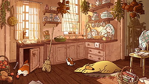 Cozy Illustrated Kitchen Scene With Sleeping Dogs And Warm Autumn Light HD wallpaper