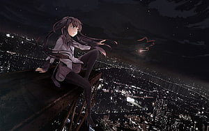 Anime girl sitting on a rooftop overlooking a sprawling city at night HD wallpaper