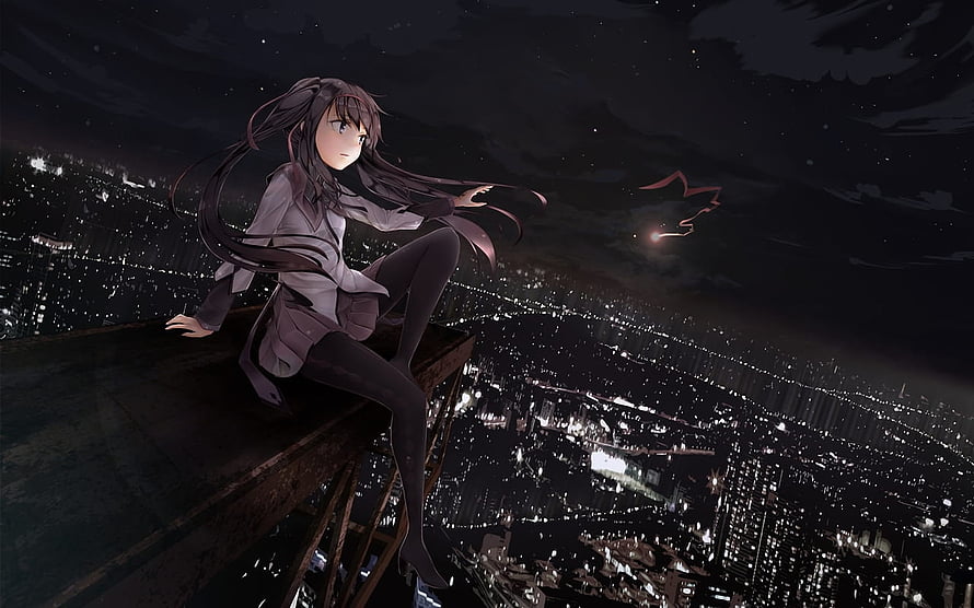 Anime girl sitting on a rooftop overlooking a sprawling city at night HD wallpaper