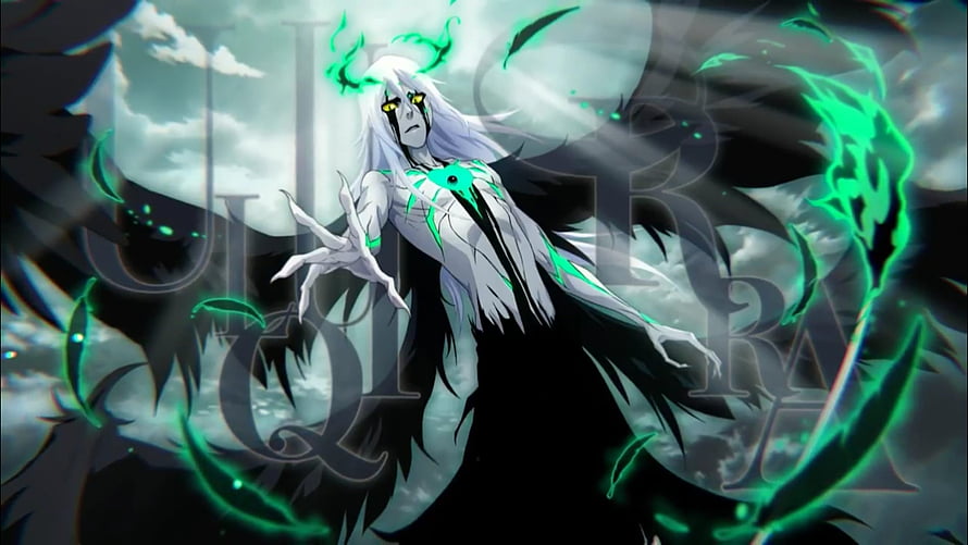 Ulquiorra Cifer from Bleach in Dark Anime Artwork with Green Energy and Black Wings HD wallpaper