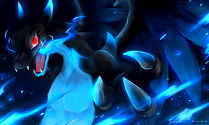 Mega Charizard X Roaring with Blue Dragon Energy in Dark Fantasy Art HD wallpaper