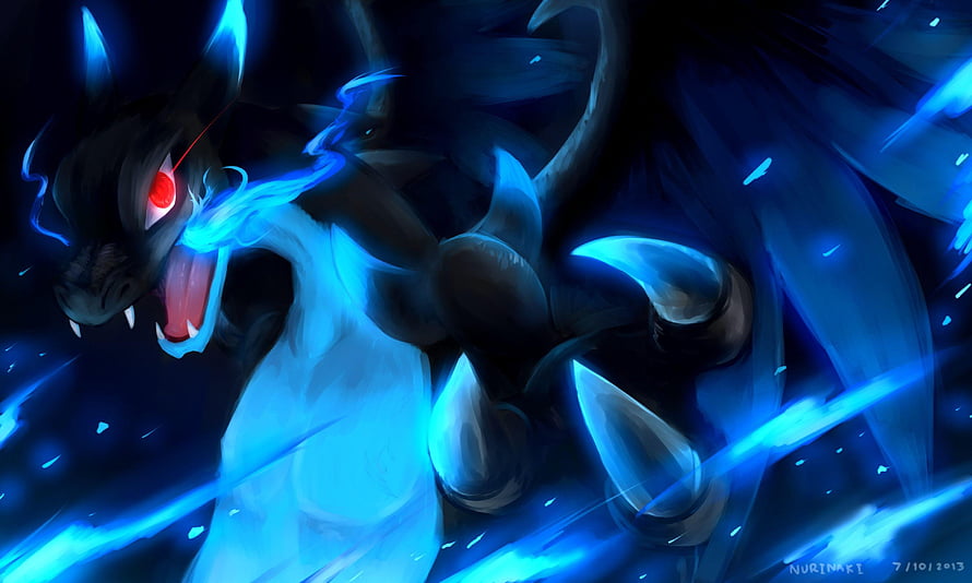 Mega Charizard X Roaring with Blue Dragon Energy in Dark Fantasy Art HD wallpaper