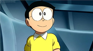 Nobita Nobi from Doraemon in a Yellow Shirt with a Gentle Smile HD wallpaper