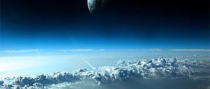 Cinematic View of a Planet's Cloud Layer with a Distant Moon and Rocket Trail HD wallpaper
