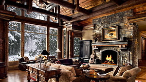 Rustic Log Cabin Living Room With Stone Fireplace And Snowy Forest View HD wallpaper