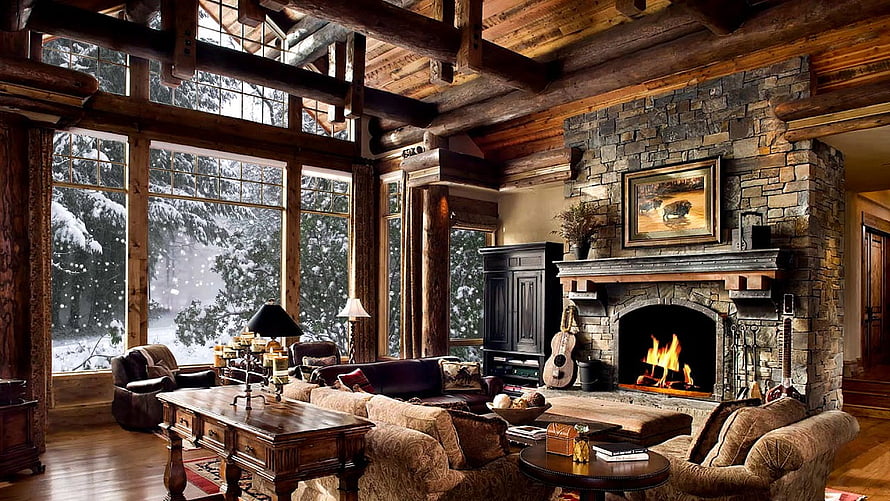 Rustic Log Cabin Living Room With Stone Fireplace And Snowy Forest View HD wallpaper