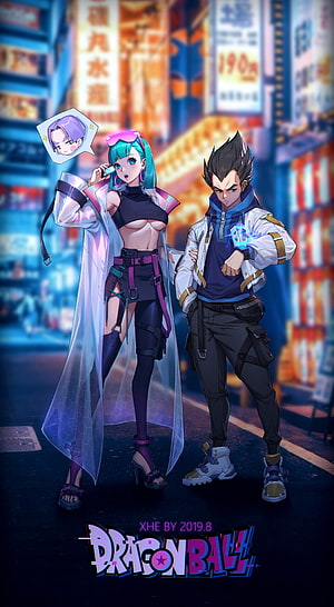 Dragon Ball Z: Vegeta and Bulma in Futuristic Cyberpunk Streetwear HD phone wallpaper