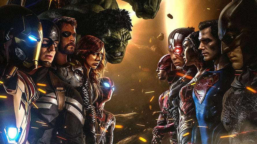 Marvel and DC Superheroes Face Off in Epic Cinematic Crossover Illustration HD wallpaper