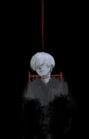 Melancholic White-Haired Anime Boy with Red String in Dark Aesthetic Illustration HD phone wallpaper