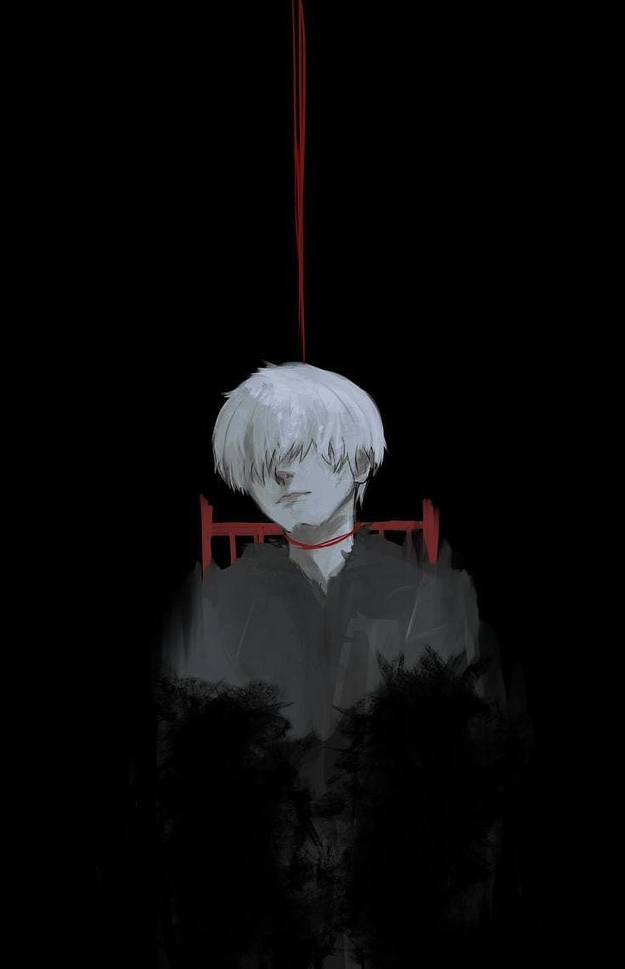 Melancholic White-Haired Anime Boy with Red String in Dark Aesthetic Illustration HD phone wallpaper