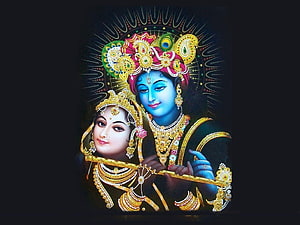 Radha Krishna Devotional Artwork with Flute and Ornate Jewelry HD wallpaper
