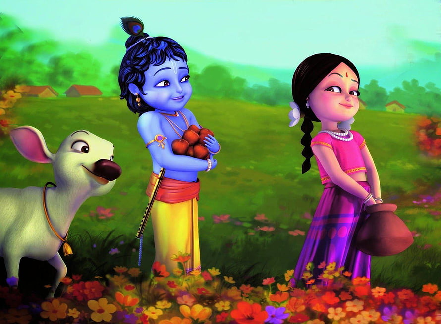 Little Krishna and Radha in a Vibrant Flower Field with a Calf HD wallpaper