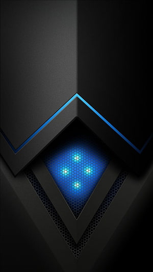 Sleek Black Geometric Pattern with Glowing Blue Hexagonal Grid and Neon Accents HD phone wallpaper