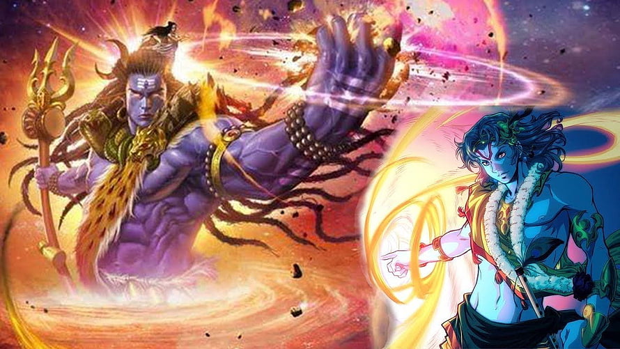 Lord Shiva and Lord Krishna Confrontation in Vibrant Mythological Art HD wallpaper