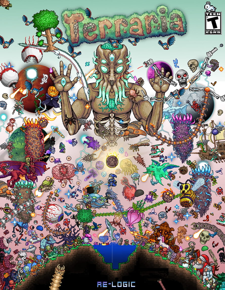 Terraria Game Art Featuring Central Boss and Pixelated Monster Menagerie HD phone wallpaper