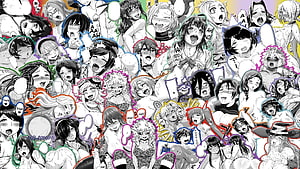 Collage of Black and White Anime Girls with Ahegao Expressions and Colorful Outlines HD wallpaper