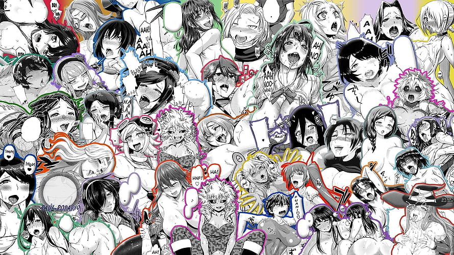 Collage of Black and White Anime Girls with Ahegao Expressions and Colorful Outlines HD wallpaper