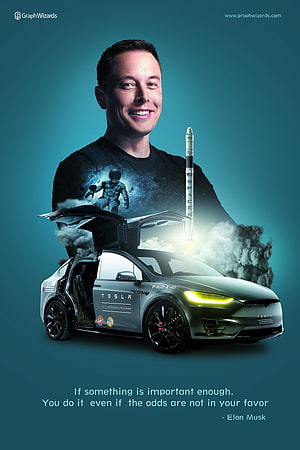 Elon Musk Digital Artwork Featuring Tesla Model X and SpaceX Falcon 9 Rocket Launch HD phone wallpaper
