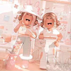 Roblox Aesthetic Besties in Pastel Kitchen with Soft Pink Lighting and Cute Outfits HD phone wallpaper