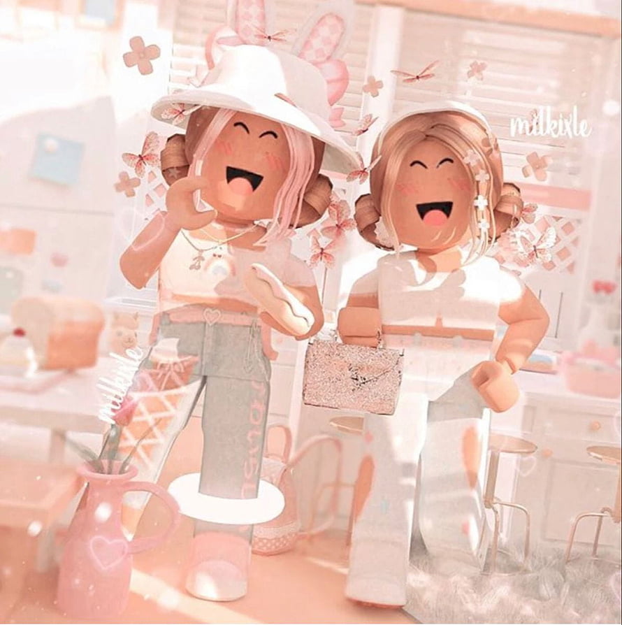 Roblox Aesthetic Besties in Pastel Kitchen with Soft Pink Lighting and Cute Outfits HD phone wallpaper