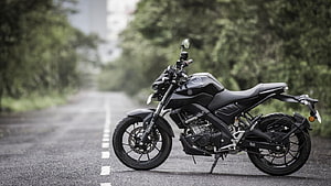 Yamaha MT-15 Black Naked Motorcycle Parked on a Tree-Lined Country Road HD wallpaper