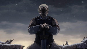Askeladd from Vinland Saga kneeling with sword in snowy ruins under a dark sky HD wallpaper