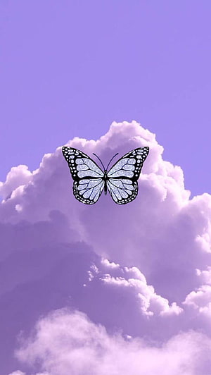 Pink Aesthetic Butterfly Flying Over Soft Clouds in a Lavender Sky HD phone wallpaper
