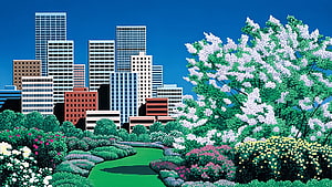 Hiroshi Nagai City Garden Artwork Featuring Urban Skyline and Lush Spring Blossoms HD wallpaper