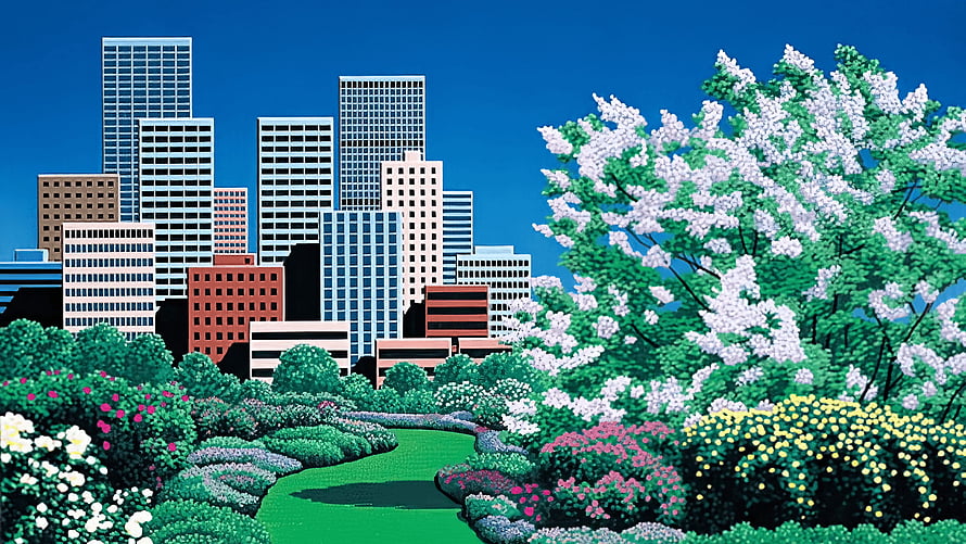 Hiroshi Nagai City Garden Artwork Featuring Urban Skyline and Lush Spring Blossoms HD wallpaper