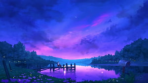 Serene Anime Lake at Dusk with Purple Sky and Wooden Dock HD wallpaper