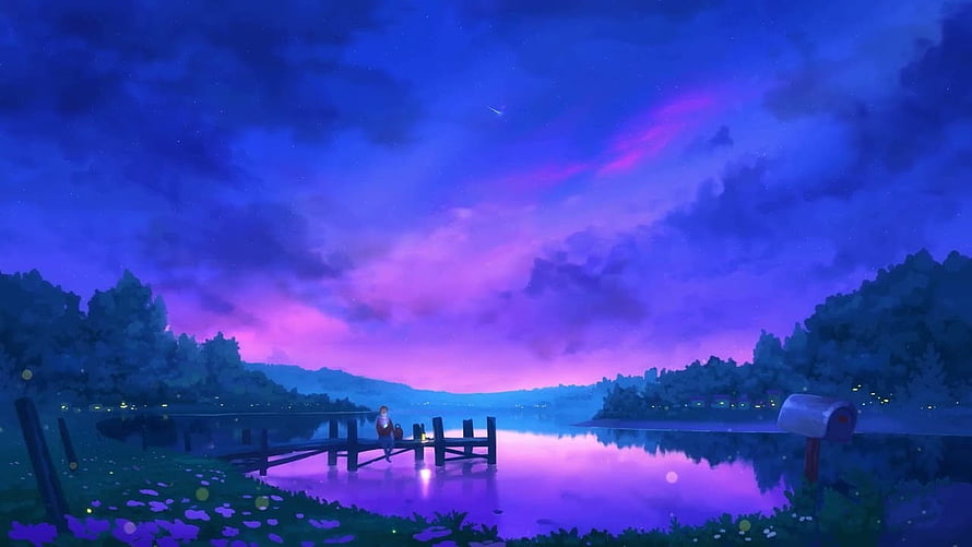 Serene Anime Lake at Dusk with Purple Sky and Wooden Dock HD wallpaper