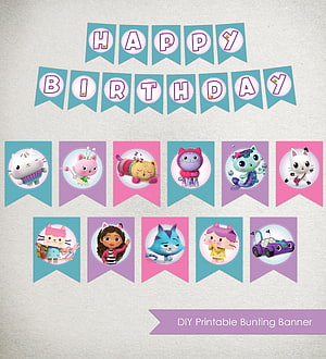 Gabby's Dollhouse Happy Birthday Bunting Banner with Character Icons and Pastel Flags HD phone wallpaper