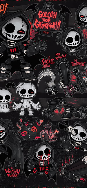 Grim Reaper Skull Character Concept Art with Dark Red Accents and Kawaii Style HD phone wallpaper