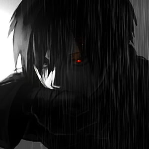 Dark Anime Character with Glowing Red Eye in Heavy Rain HD phone wallpaper