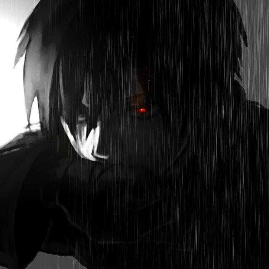 Dark Anime Character with Glowing Red Eye in Heavy Rain HD phone wallpaper