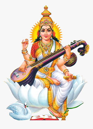 Goddess Saraswati Playing Veena on Lotus Throne with Swan and Sacred Text HD phone wallpaper