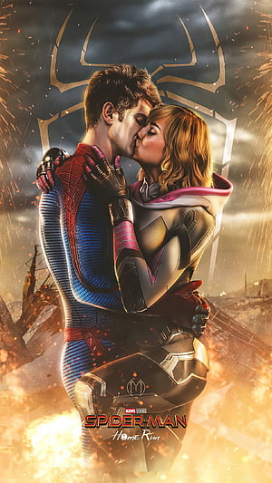 Spider-Man and Gwen Stacy Kissing in Homecoming Suit with Golden Spider Logo HD phone wallpaper