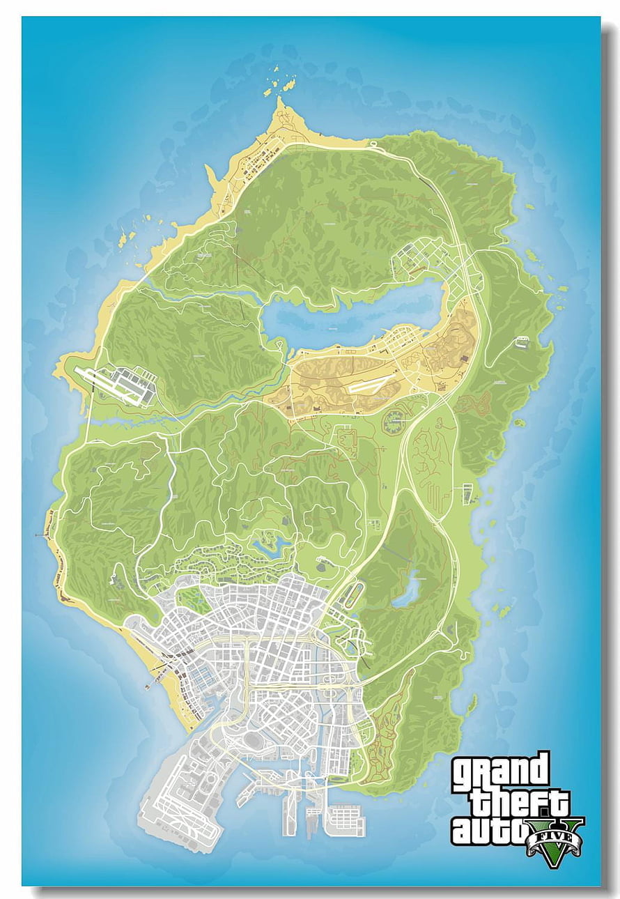 Grand Theft Auto V Island Map Poster with City Grid and Mountain Terrain HD phone wallpaper
