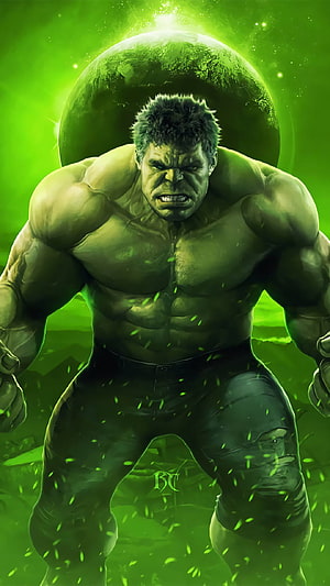 Hulk Standing in a Green Cosmic Landscape with a Glowing Planet Behind Him HD phone wallpaper