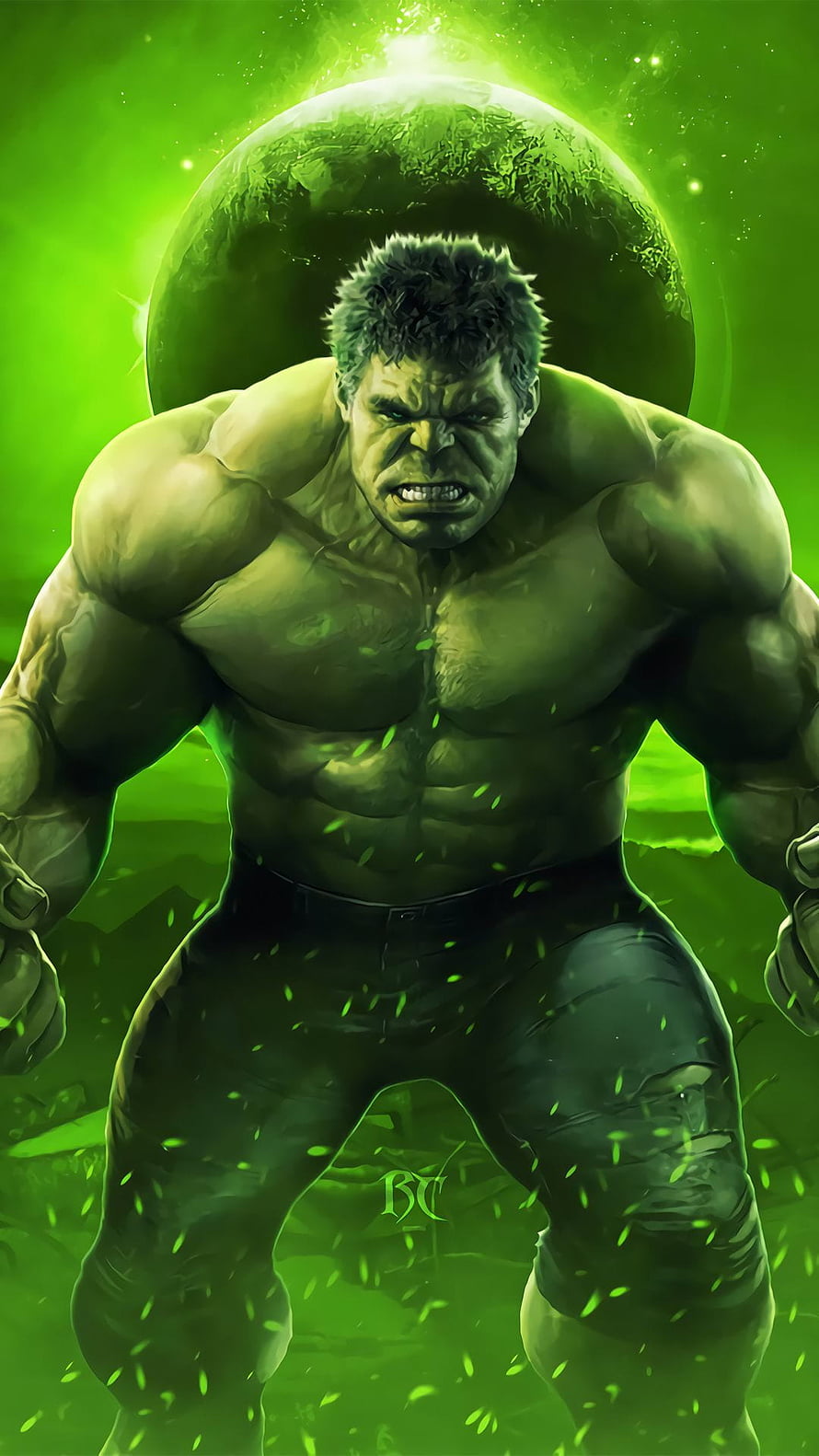 Hulk Standing in a Green Cosmic Landscape with a Glowing Planet Behind Him HD phone wallpaper