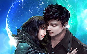 Romantic 3D couple embracing under a glowing blue planet in a dreamy cosmic night scene HD wallpaper