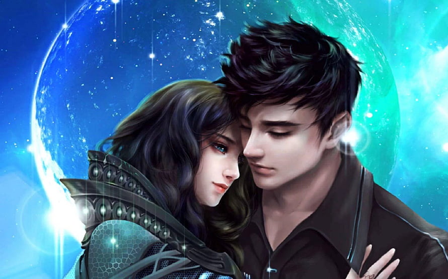 Romantic 3D couple embracing under a glowing blue planet in a dreamy cosmic night scene HD wallpaper