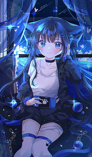 Anime Girl in Starry Night Setting with Blue Hair and Gaming Aesthetic HD phone wallpaper