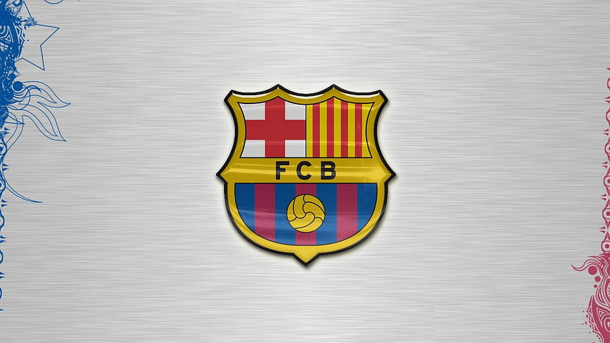 FC Barcelona Club Crest on Brushed Silver Background with Decorative Floral Borders HD wallpaper