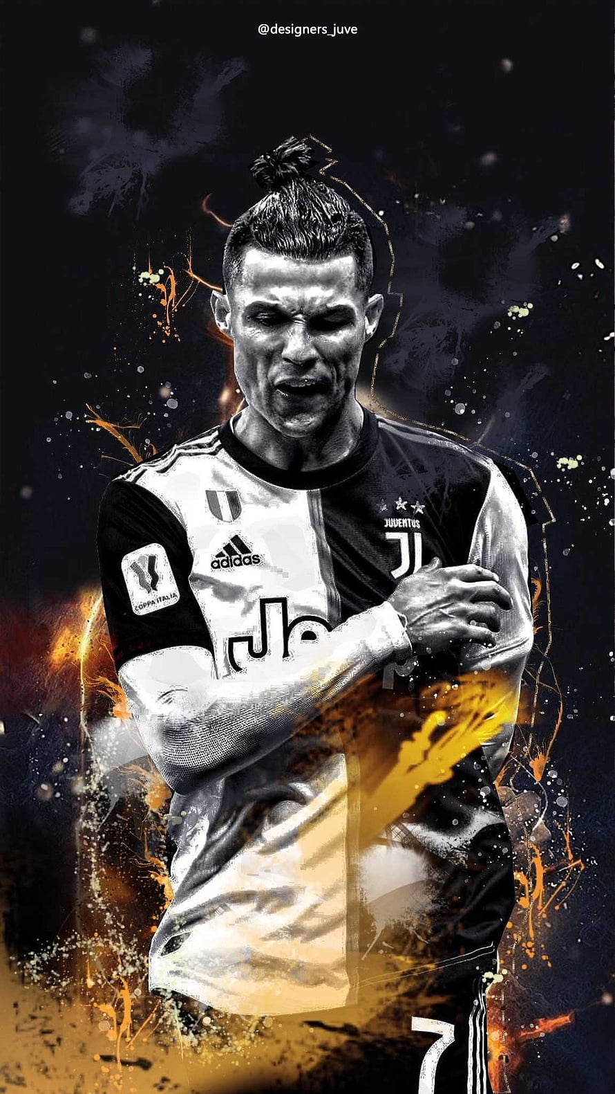 Cristiano Ronaldo in Juventus Kit with Dramatic Orange and Black Paint Splatter Art HD phone wallpaper