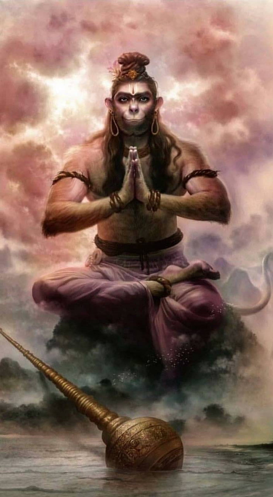 Lord Hanuman in Meditation with Golden Mace and Cosmic Clouds HD phone wallpaper