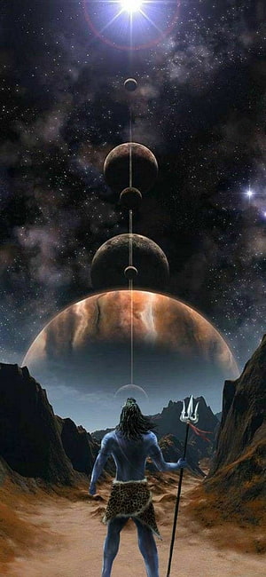 Lord Shiva Standing in a Canyon Gazing at a Cosmic Alignment of Planets and a Bright Star HD phone wallpaper