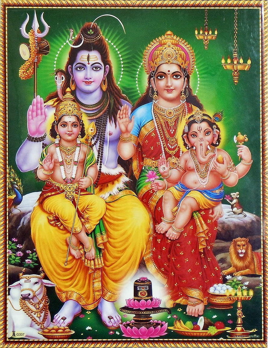 Shiva Parvati Family Portrait With Ganesha And Kartikeya Traditional Indian Deity Painting HD phone wallpaper