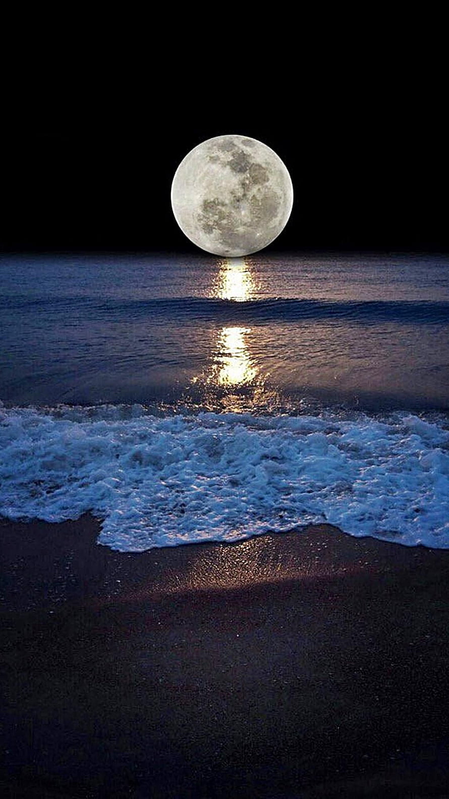 Full Moon Rising Over Ocean Waves at Night with Shimmering Reflection on the Water HD phone wallpaper
