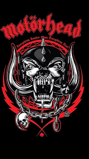 Motorhead Iron Fred Skull Tattoo Style Artwork with Chains and Red Accents on Black Background HD phone wallpaper